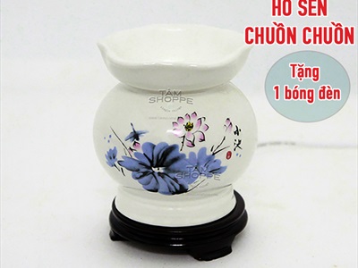 Đèn xông tinh dầu gốm trắng miệng sen [Tặng bóng đèn] DXTDD-GOM-MS
