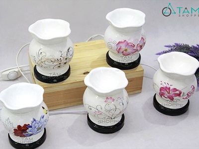 Đèn xông tinh dầu gốm trắng miệng sen [Tặng bóng đèn] DXTDD-GOM-MS