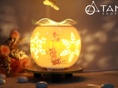 Đèn xông tinh dầu gốm trắng tròn nhỏ in họa tiết [Tặng bóng đèn] DXTDD-GOM-GTTN