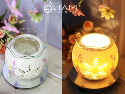 Đèn xông tinh dầu gốm trắng tròn nhỏ in họa tiết [Tặng bóng đèn] DXTDD-GOM-GTTN
