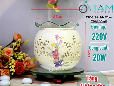 Đèn xông tinh dầu gốm trắng tròn nhỏ in họa tiết [Tặng bóng đèn] DXTDD-GOM-GTTN