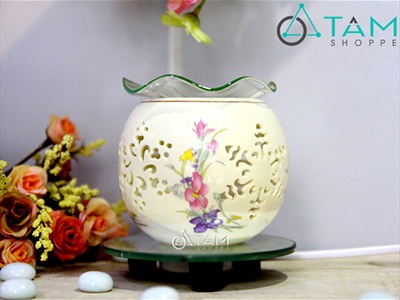 Đèn xông tinh dầu gốm trắng tròn nhỏ in họa tiết [Tặng bóng đèn] DXTDD-GOM-GTTN