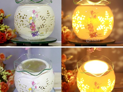 Đèn xông tinh dầu gốm trắng tròn nhỏ in họa tiết [Tặng bóng đèn] DXTDD-GOM-GTTN