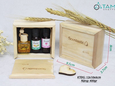 Set 01 lọ đựng tinh dầu treo xe + 02 chai tinh dầu Scentastic 10ml kèm hộp gỗ TD-TX-01