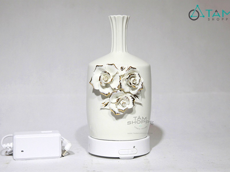 Máy khuếch tán tinh dầu Gốm hoa hồng nổi phun khói siêu âm [Tặng tinh dầu] MKTTD-04