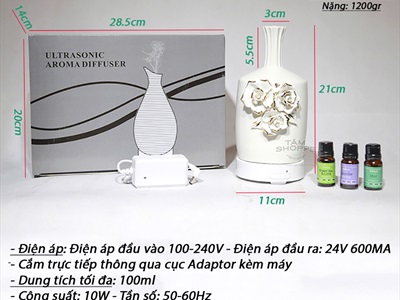 Máy khuếch tán tinh dầu Gốm hoa hồng nổi phun khói siêu âm [Tặng tinh dầu] MKTTD-04