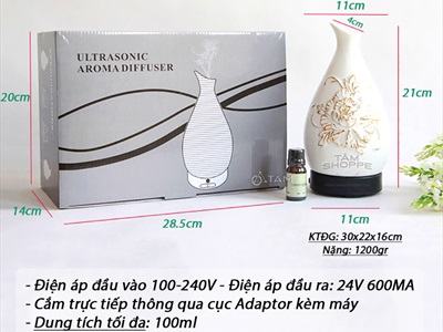 Máy khuếch tán tinh dầu Gốm hoa nổi mẫu đơn phun khói siêu âm [Tặng tinh dầu] MKTTD-03
