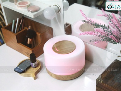 Máy khuếch tán tinh dầu trụ lùn nắp nhỏ viền vân gỗ [Có remote -Tặng tinh dầu] MKTTD-25