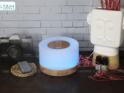Máy khuếch tán tinh dầu trụ lùn nắp nhỏ viền vân gỗ [Có remote -Tặng tinh dầu] MKTTD-25
