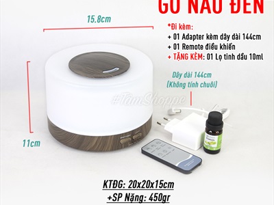 Máy khuếch tán tinh dầu trụ lùn nắp nhỏ viền vân gỗ [Có remote -Tặng tinh dầu] MKTTD-25
