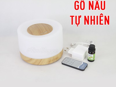 Máy khuếch tán tinh dầu trụ lùn nắp nhỏ viền vân gỗ [Có remote -Tặng tinh dầu] MKTTD-25