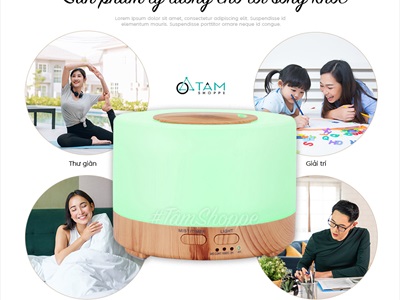 Máy khuếch tán tinh dầu trụ lùn nắp nhỏ viền vân gỗ [Có remote -Tặng tinh dầu] MKTTD-25