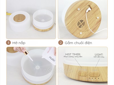 Máy khuếch tán tinh dầu trụ lùn nắp nhỏ viền vân gỗ [Có remote -Tặng tinh dầu] MKTTD-25