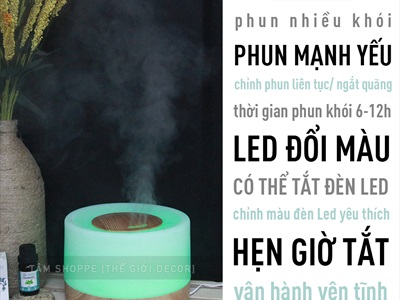 Máy khuếch tán tinh dầu trụ lùn nắp nhỏ viền vân gỗ [Có remote -Tặng tinh dầu] MKTTD-25