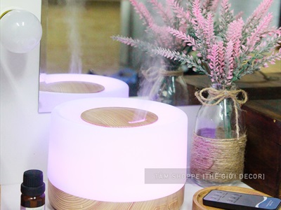 Máy khuếch tán tinh dầu trụ lùn nắp nhỏ viền vân gỗ [Có remote -Tặng tinh dầu] MKTTD-25