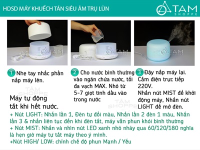 Máy khuếch tán tinh dầu Trụ lùn trắng phun khói siêu âm [Có remote -Tặng tinh dầu] MKTTD-24