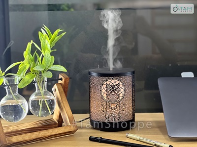 Máy khuếch tán tinh dầu trụ thẳng cú mèo vỏ kim loại phun khói [Tặng tinh dầu] MKTTD-23