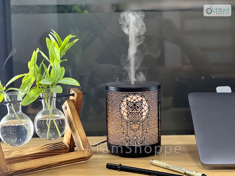 Máy khuếch tán tinh dầu trụ thẳng cú mèo vỏ kim loại phun khói [Tặng tinh dầu] MKTTD-23