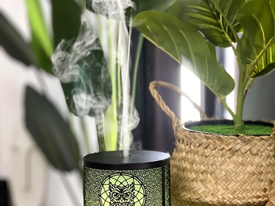 Máy khuếch tán tinh dầu trụ thẳng cú mèo vỏ kim loại phun khói [Tặng tinh dầu] MKTTD-23