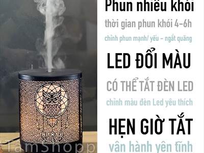 Máy khuếch tán tinh dầu trụ thẳng cú mèo vỏ kim loại phun khói [Tặng tinh dầu] MKTTD-23