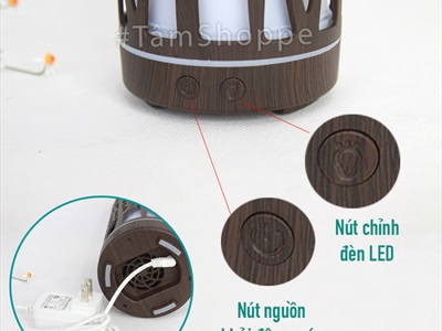 Máy khuếch tán tinh dầu trụ thẳng vân gỗ nâu đen họa tiết phun khói [Tặng tinh dầu] MKTTD-22