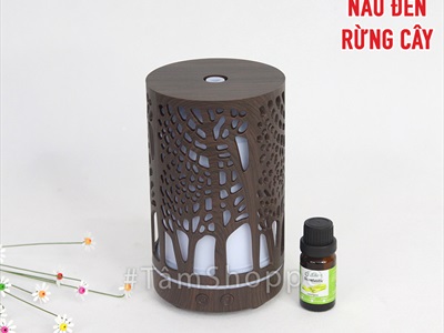 Máy khuếch tán tinh dầu trụ thẳng vân gỗ nâu đen họa tiết phun khói [Tặng tinh dầu] MKTTD-22