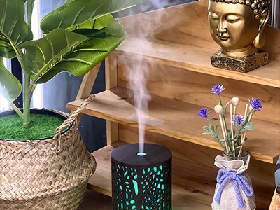 Máy khuếch tán tinh dầu trụ thẳng vân gỗ nâu đen họa tiết phun khói [Tặng tinh dầu] MKTTD-22