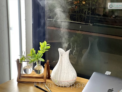Máy khuếch tán tinh dầu Tulip 2 cánh vân gỗ trắng phun khói siêu âm [Tặng tinh dầu] MKTTD-20