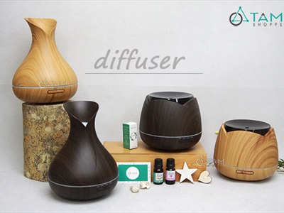 Máy khuếch tán tinh dầu Tulip cánh tròn vân gỗ phun khói siêu âm [Tặng tinh dầu] MKTTD-15