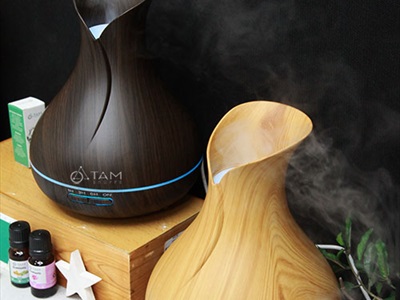 Máy khuếch tán tinh dầu Tulip cánh tròn vân gỗ phun khói siêu âm [Tặng tinh dầu] MKTTD-15