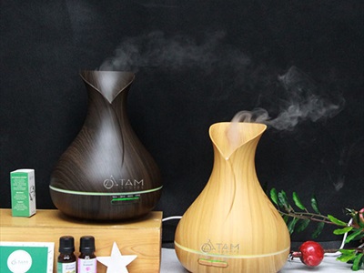 Máy khuếch tán tinh dầu Tulip cánh tròn vân gỗ phun khói siêu âm [Tặng tinh dầu] MKTTD-15