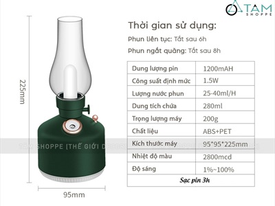 Máy phun sương tạo ẩm đèn dầu [Cáp USB - Sạc pin - Tặng thêm đầu lọc] MAYTAOAM-01