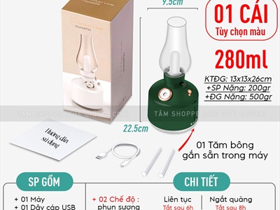 Máy phun sương tạo ẩm đèn dầu [Cáp USB - Sạc pin - Tặng thêm đầu lọc] MAYTAOAM-01