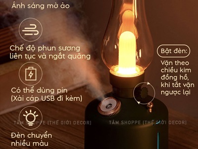 Máy phun sương tạo ẩm đèn dầu [Cáp USB - Sạc pin - Tặng thêm đầu lọc] MAYTAOAM-01