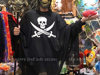 Áo choàng Halloween in hình bộ xương - đầu lâu trắng đen [Mỏng mềm - Size 70/120cm] AOCHOANG-01