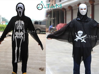 Áo choàng Halloween in hình bộ xương - đầu lâu trắng đen [Mỏng mềm - Size 70/120cm] AOCHOANG-01