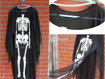 Áo choàng Halloween in hình bộ xương - đầu lâu trắng đen [Mỏng mềm - Size 70/120cm] AOCHOANG-01