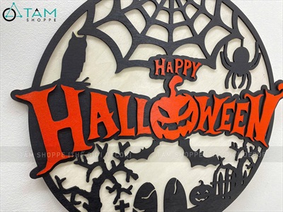 Bảng treo cửa Halloween nghĩa địa đen cam tròn [ĐK35cm - Bằng gỗ] BANGTREO-HLW-01