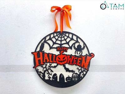 Bảng treo cửa Halloween nghĩa địa đen cam tròn [ĐK35cm - Bằng gỗ] BANGTREO-HLW-01