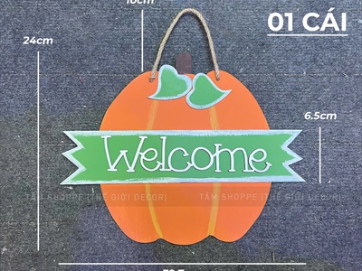Bảng treo cửa Halloween quả bí ngô welcome 2 lá [Vẽ tay - Bằng gỗ] BANGTREO-HLW-03