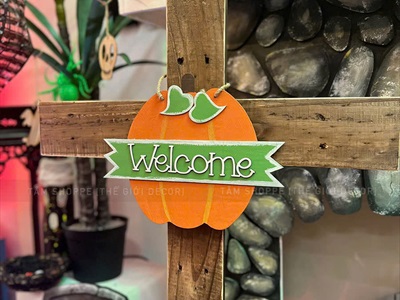 Bảng treo cửa Halloween quả bí ngô welcome 2 lá [Vẽ tay - Bằng gỗ] BANGTREO-HLW-03