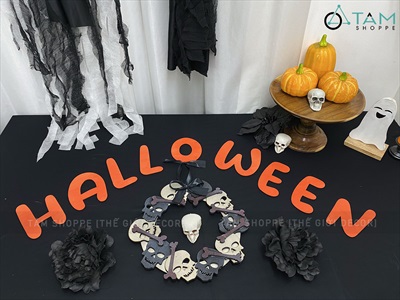 Bộ chữ HALLOWEEN gỗ tông cam chữ tròn [Bằng gỗ - Mỏng nhẹ] CHU-GO-15