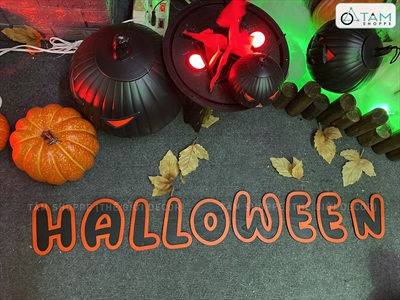 Bộ chữ HALLOWEEN gỗ tông cam chữ tròn [Bằng gỗ - Mỏng nhẹ] CHU-GO-15