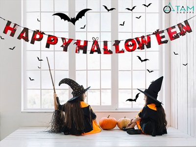 Dây banner giấy chữ Happy Halloween đỏ đen dao máu BANER-HLW-06