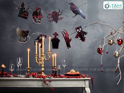 Dây banner Halloween giấy chủ đề nghĩa địa ma cây máu BANER-HLW-04