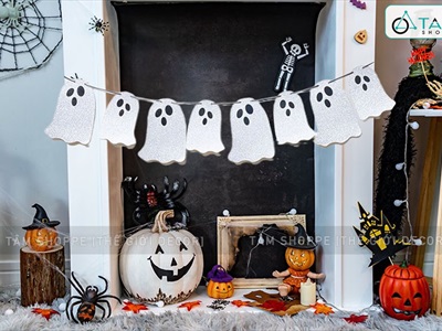Dây banner Halloween giấy in bí ngô ma kim tuyến  BANER-HLW-05