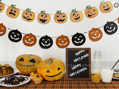 Dây banner Halloween giấy in bí ngô ma kim tuyến  BANER-HLW-05