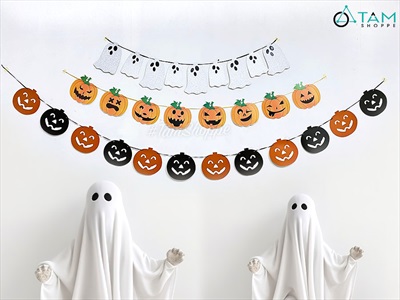Dây banner Halloween giấy in bí ngô ma kim tuyến  BANER-HLW-05
