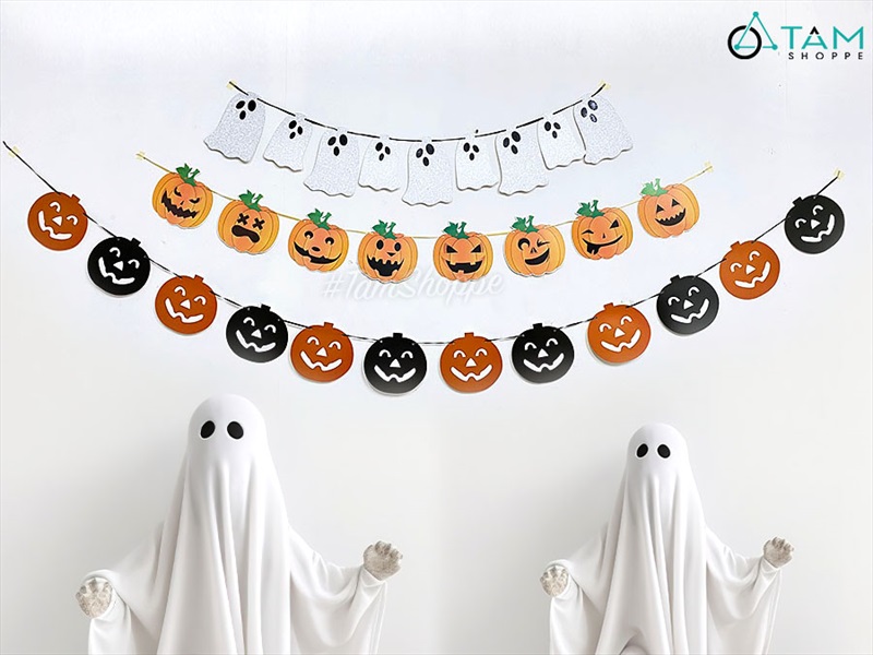 Dây banner Halloween giấy in bí ngô ma kim tuyến  BANER-HLW-05