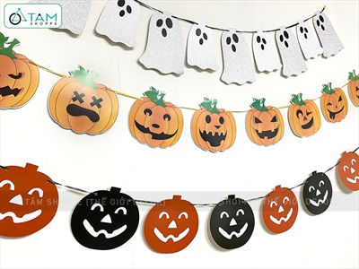 Dây banner Halloween giấy in bí ngô ma kim tuyến  BANER-HLW-05